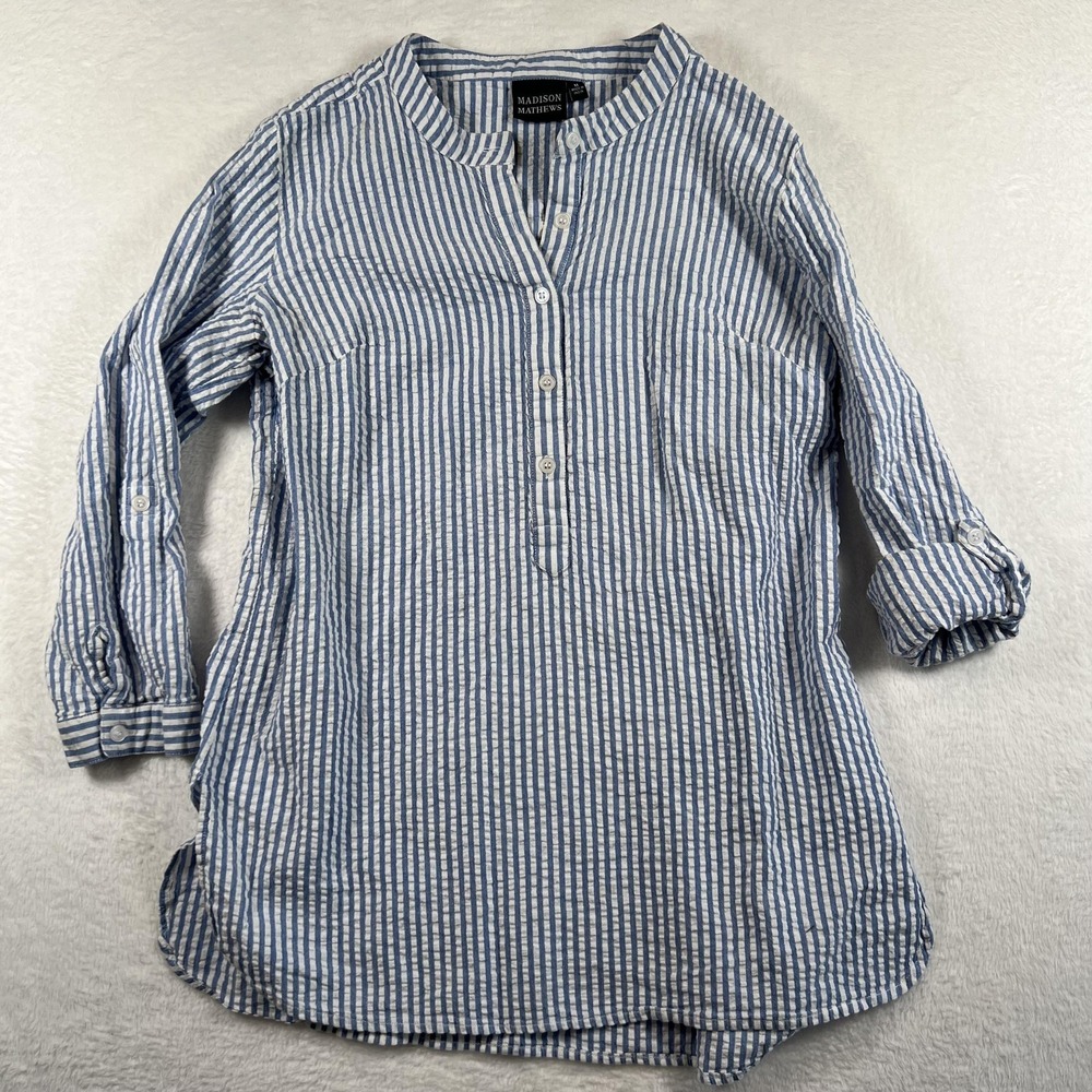 Madison Mathews Blouse Womens Medium Blue Striped Tunic Henley Roll Tab Sleeves